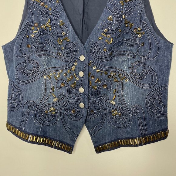 Armand Ventilo Embellished Denim Vest Studs Rivet Beads Applique Western Boho - Picture 7 of 16